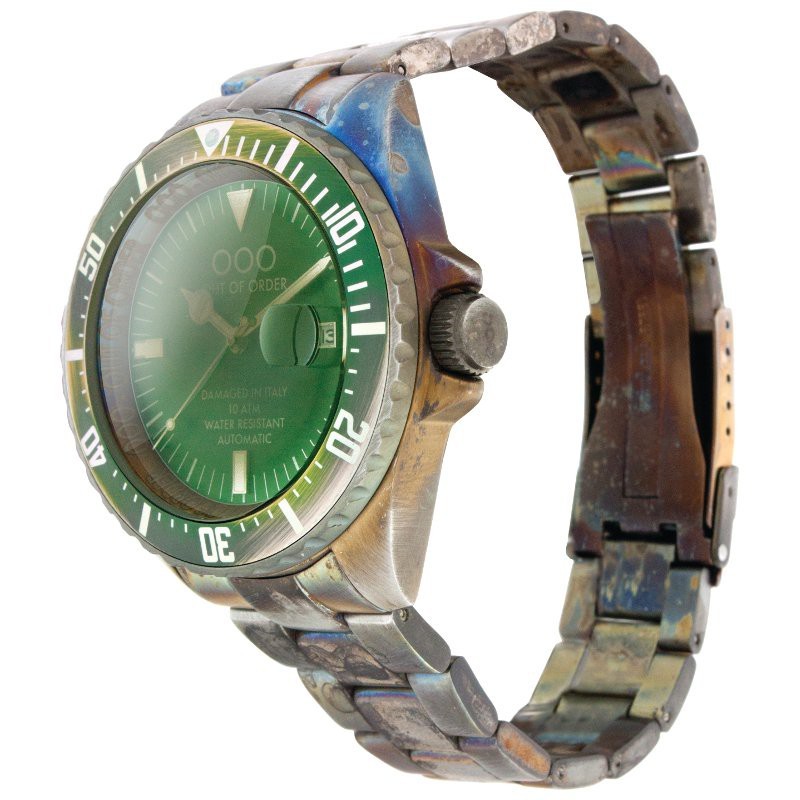 Out Of Order After 8 Automatic GMT – Orologio Uomo Invecchiato, Acciaio Nero/verde, Pelle